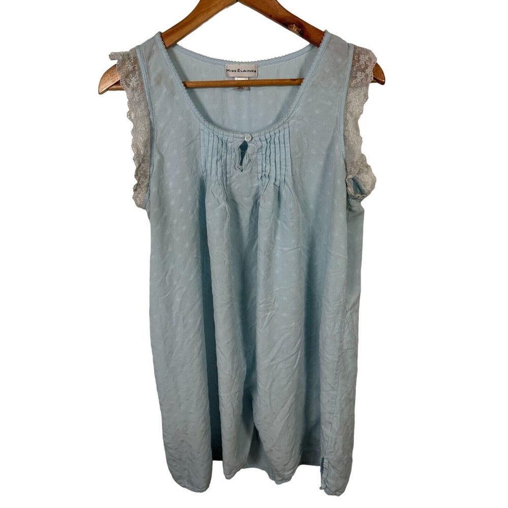 Miss Elaine Large Nightgown Blue Lace Trim Rayon Sleeveless Short Polka Dot‎